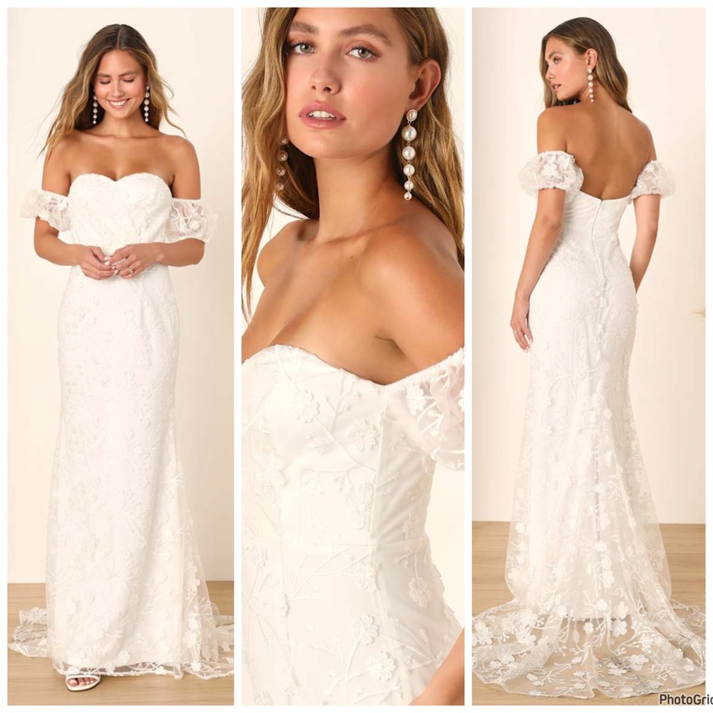 NWOT Lulus Magical Beginnings White 3D Floral Maxi Dress L Bridal $178 Large